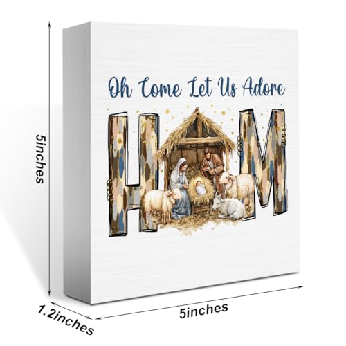 Oh Come Let Us Adore Him Sign Christian Christmas Decorations Religious Bible Gifts for Women Men Baptism Decorations for Home Desk Table Shelf 5 X 5 Inch Christmas 23