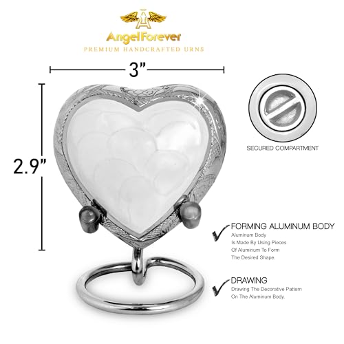 White Heart Keepsake Urn for Human Ashes – Handcrafted Brass Mini Urn with Stand, Velvet Bag & Gift Box – Enamel-Coated Small Memorial Urn for Baby, Pet or Loved One – Decorative Funeral Keepsake White