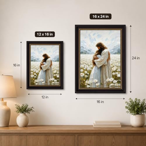 FKRYTYB Vintage Brown Framed Jesus Hugging Girl Canvas Wall Art 12x16in Jesus Embrace 16"L x 12"W