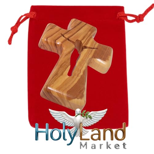 Wooden Pocket Cross - Bethlehem Olive Wood - 3-in-1 Design: Standing, Hanging, or Holding - Hand-Carved Jesus Silhouette - Includes Velvet Pouch, Prayer Card, & Certificate (4.2 Inches) Jesus - Savior