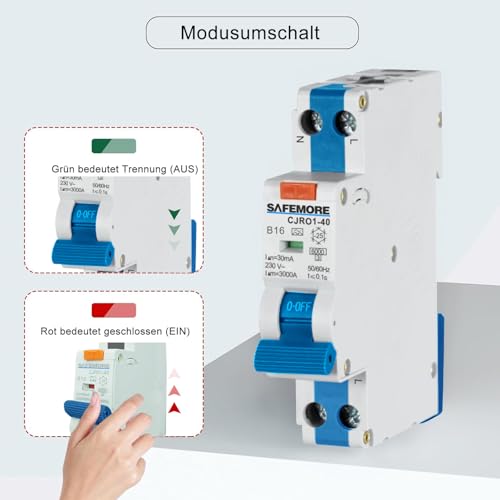 FI/LS Switch B16 Type A 30mA 1P+N 6kA 1TE TÜV-Approved Blue | 2-in-1: FI and line protection in one device. Space-saving 1TE construction. Can be fed on both sides B-16A