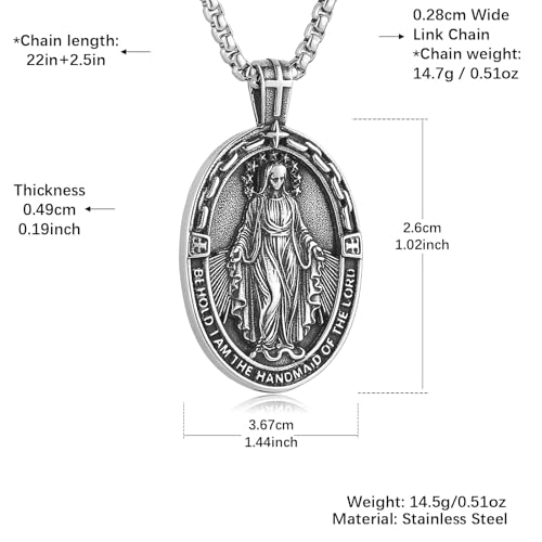 HZMAN Virgin Mary Necklace for Men Women Stainless Steel Vintage Medal Pendant Christian Faith Jewelry