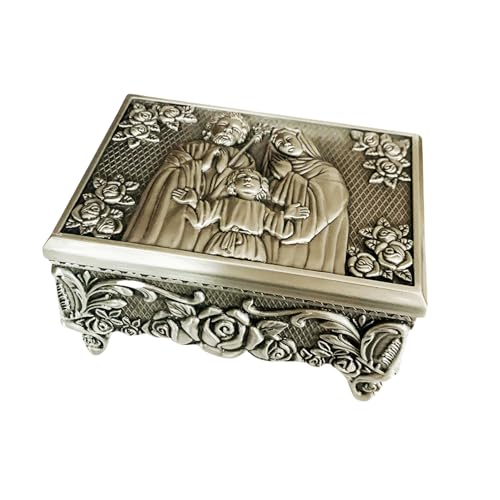 elegantmedical Large Vintage Style Religious Rosary Necklace Box Holy Family Pattern Relief, Antique Silver Finish, Jewelry Storage Case Catholic Gifts