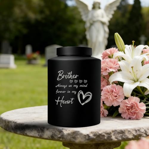 Brother Cremation Urn 5.9 x 3.9 Inch Black Large Stainless Steel Urns with Drawstring Bags Plastic Spoon Polishing Cloth Heart Cremation Human Ashes Keepsake for Memorial Funeral Decor