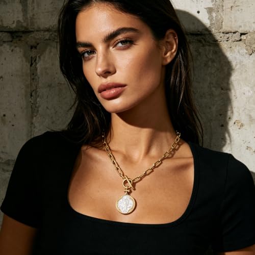 Saint Benedict Medal Necklace for Women, Gold Paperclip Chain Catholic Pendant Necklace, Christian Religious Jewelry Gift, 18 Inch