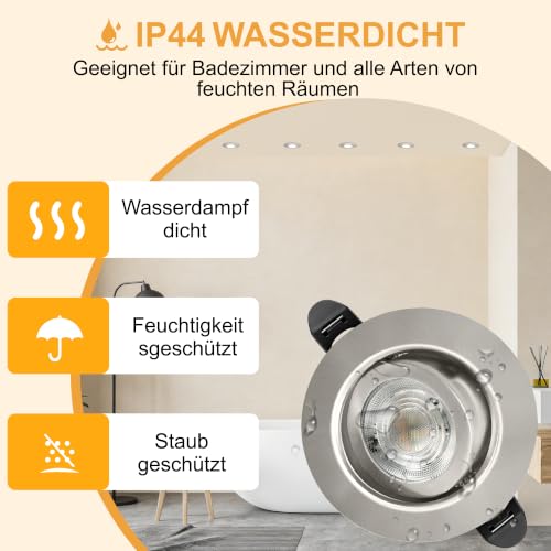LED Recessed Spotlight 230 V Dimmable 68 mm 5.5 W IP44 LED Spot Ultra Flat | Ceiling Spots 45° Swivel Recessed Lights Warm White Neutral White Cool White Recessed Spots for Bathroom Living Room, Nickel 6-Piece Set