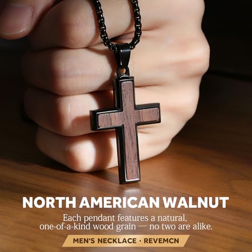 REVEMCN Wooden Cross Necklace for Men – Black Walnut & Stainless Steel Cross Pendant with Adjustable 18–24" Chain, Christian Jewellery Gift for Son Black Walnut - A 18" + 2" Extender (46 + 5 cm)
