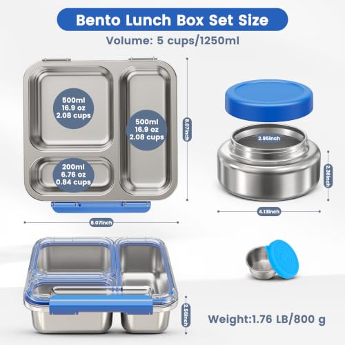 Stainless Steel Bento Box Kids Adult with 7oz Soup Thermo, Transparent Lid 3 Compartments Metal Bento Lunch Box with Insulated Food Jar,Lunch Box Container Sauce Cup for School,BPA-Free(Blue) Blue