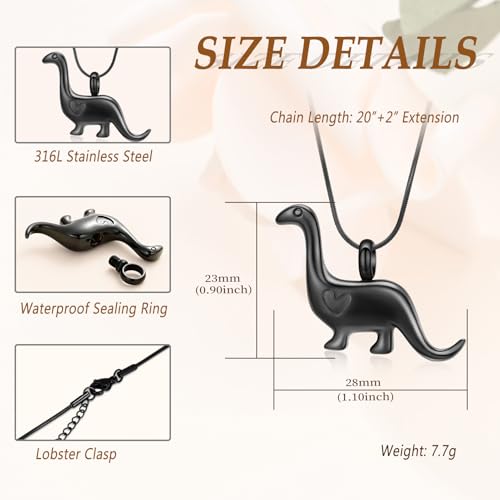 Minicremation Cremation Urn Necklace for Ashes Dinosaur Memorial Jewelry Pendant for Women Men Keepsake Lockets Black