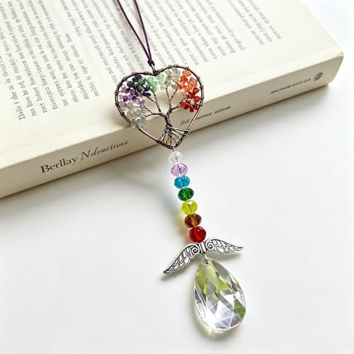 Healing Crystal Decor Tree of Life Car Hanging Accessories Suncatcher with Wings 7 Chakras Window Wall Hanging Decor Meditation Ornaments Home Decoration Heart
