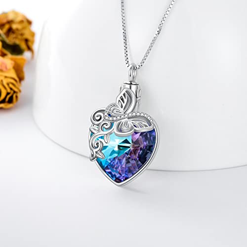 TOUPOP Ashes Jewellery s925 Sterling Silver Butterfly/Tree of Life Urn Necklace for Ashes Cremation Jewelry with Crystal Memory Locket Gifts for Women, with Funnel Filler Butterfly-Purple
