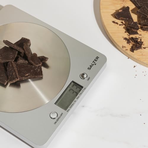 Salter 1036 SVSSDR Disc Digital Kitchen Scale – Electronic Food Scale, Add & Weigh Multiple Ingredients, 5kg Capacity, Aquatronic for Measuring Liquids, Easy Read LCD Display, Includes Battery Silver