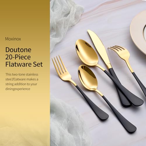 20-Piece Black & Gold Silverware Set, 18/0 Stainless Steel Colorful Handle Flatware Set, Service for 4, Modern Cutlery Set Includes Dinner Knives Forks Spoons, Mirror Polished, Dishwasher Safe gold and black-Piece