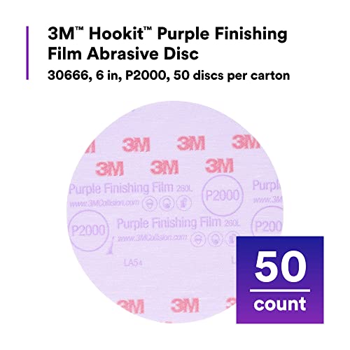 3M Hookit Purple P2000 finishing film abrasive disc, 6-inch fiber-backed disc for clear coat sanding, 50 pack