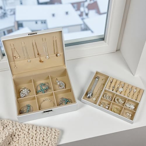 Double Layer Jewelry Box, PU Leather Jewelry Organizer with Lock, Large Capacity for Earrings, Necklaces, Bracelets, Unique Printed Design,Great Gift (Flower) Flower