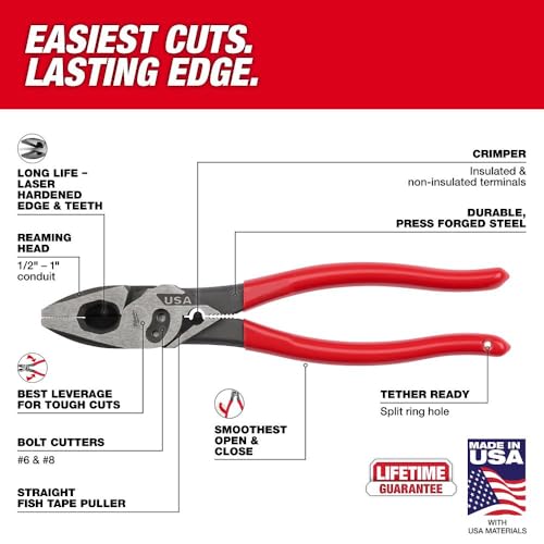 Milwaukee 9-inch lineman's side-cutting pliers with dipped grip, crimper, and bolt cutter