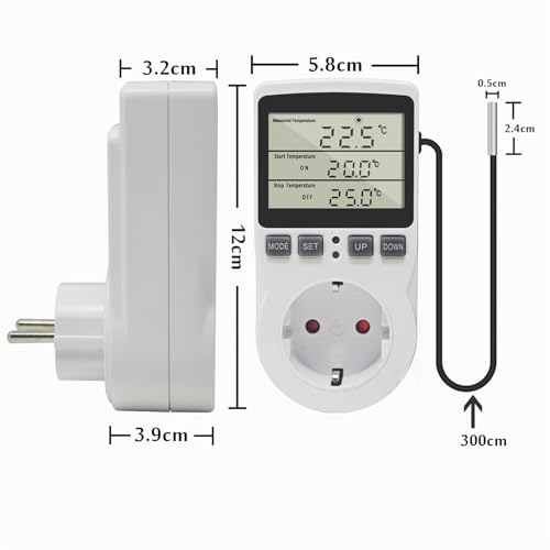 KETOTEK 230 V Temperature Controller Plug with Sensor, Digital Thermostat Plug with Timer, Plug Thermostat Timing Switch for Greenhouses, Aquariums, Heating, Cooling Without backlight