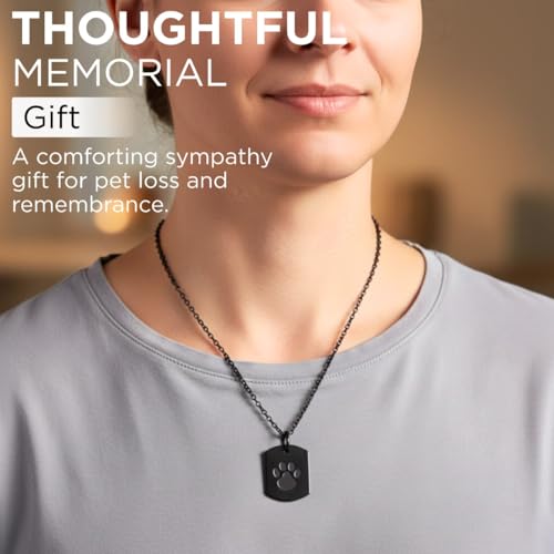 Black Paw Print Urn Necklace with Funnel Kit – Stainless Steel Cremation Jewelry for Ashes, 55cm Chain, Discreet Hollow Keepsake Pendant for Pet or Loved One