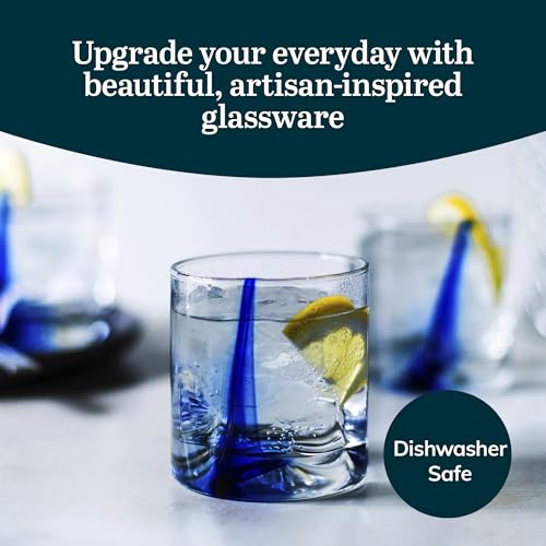 Libbey Blue Ribbon Rock Glasses Set of 8, Artisan Inspired Four-Dimple Shaped Whiskey Glasses Set, Dishwasher Safe Short Drinking Glasses for Families Blue Ribbon S