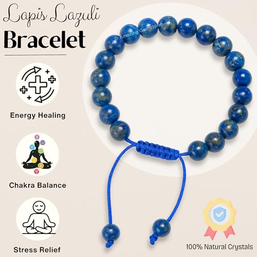 Amazing Gemstone Lapis Lazuli Bracelet for Women Men's Gifts - Protection Healing Crystal Bracelet - 8mm Gemstones Beaded Adjustable Bracelet Pulseras para Hombres Mujer Stocking Stuffers
