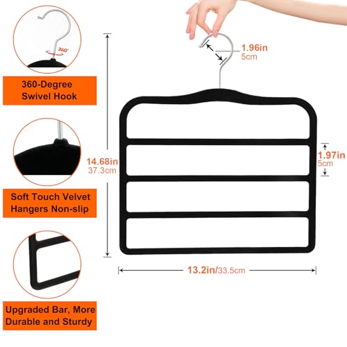 4 Pack Space Saving Velvet Pants Hangers, Dorm Room Essentials, Non-Slip Multi-Tier Closet Organizer for Jeans & Slacks, Maximize Wardrobe Storage with Multi-Purpose Rack for Shorts, Scarves & Ties Black 4 Pack