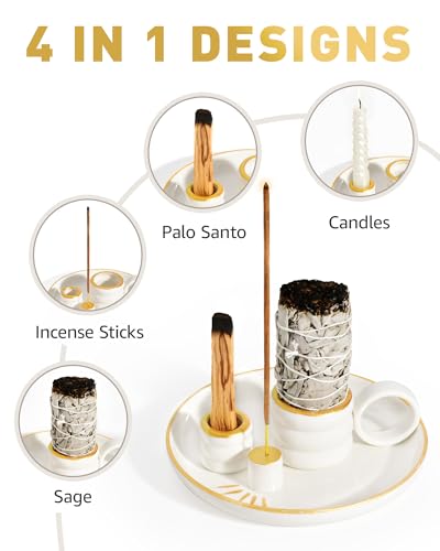 BS-VOG 4 in 1 Incense Holder, 15 cm Ceramic Incense Burner with Handle Golden