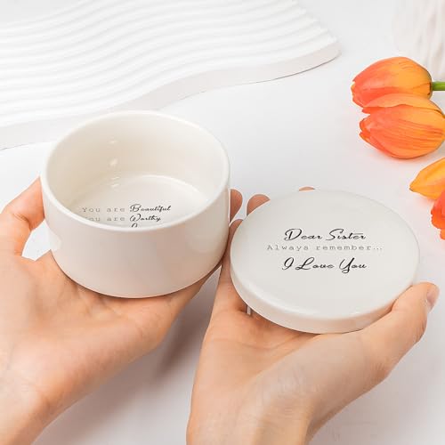 Gifts for Sister from Sister, Ceramic Trinket Box, Personalized Round Jewelry Box for Ring and Bracelet, Friends Birthday Sisters, Gift for Sisters Christmas Women, Birthday Keepsake Gift from Sisters DEAR SISTER