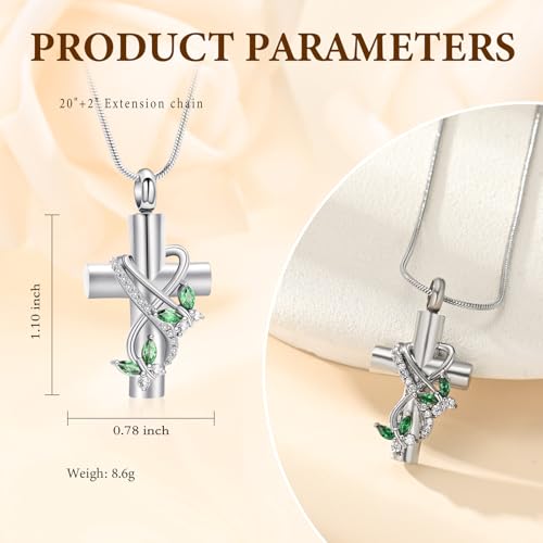 Cross Cremation Jewelry Butterfly Urn Necklace for Human Ashes for Women Men Memorial Ashes Keepsake Birthstone Pendant Silver-Green