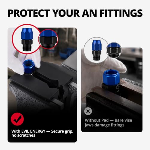 EVIL ENERGY 4-inch magnetic vise jaw pads protecting aluminum AN fittings in bench clamps