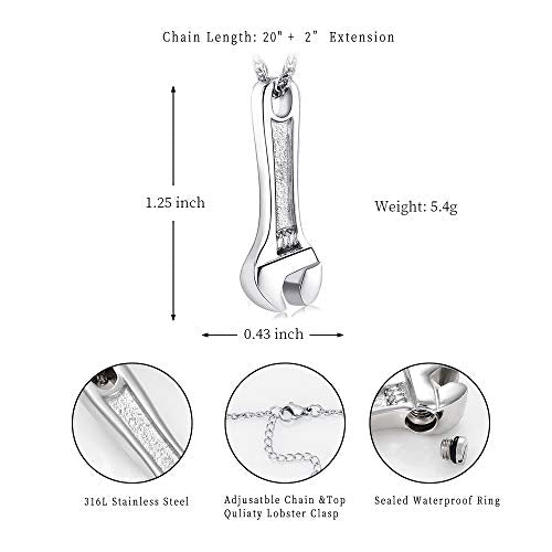 shajwo Wrench Urn Necklace for Ashes for Women Men Human Ashes Stainless Steel Hammer Cremation Jewelry for Ashes Pendant Silver