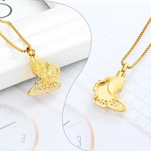 XSMZB Butterfly Sunflower Urn Necklace for Ashes for Women Cremation Jewelry Ashes Holder Keepsake Pendant Gift for Loss Loved One Gold