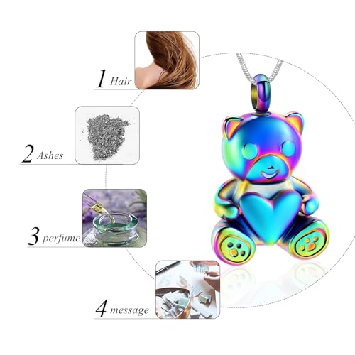 Cremation Jewelry - Teddy Bear Urn Necklace for Men Women with Mini Keepsake Urn Memorial Ash Jewelry Colorful