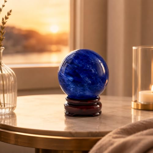 Blue Crystal Ball(70mm-2.75 inches) with Display Stand—Natural Sapphire Sphere for Decoration and Divination Blue-70mm 70mm/2.75inch