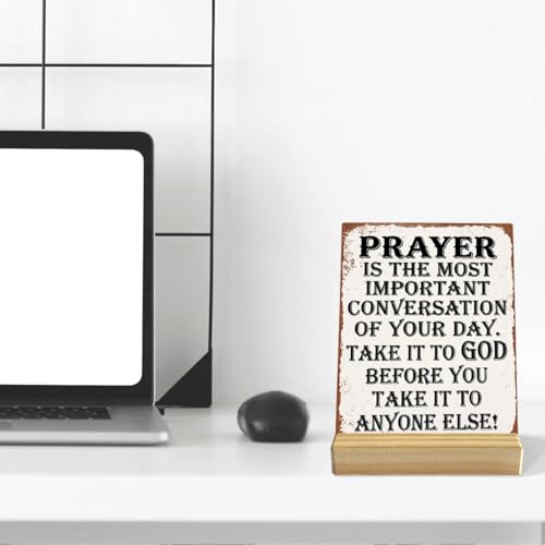 Christian Decor, Religious Gifts, Spiritual Decor, Inspirational Wooden Plaque Sign Bible Verse Decoration for Home Office Shelf Decor Prayer Is The Most Important Conversation Of Your Day.