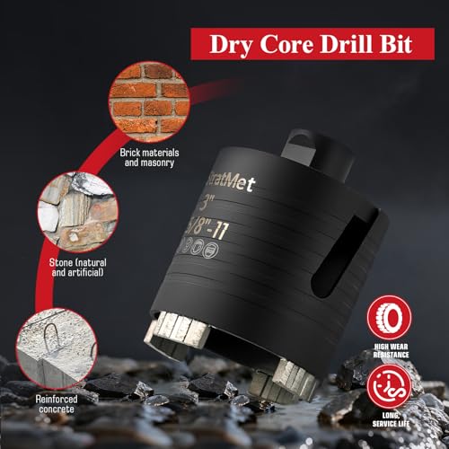 StratMet 3-inch dry core drill bit with pilot bit and SDS Plus adapter for masonry drilling