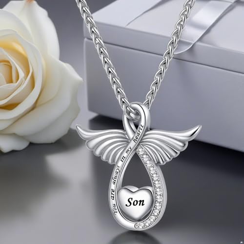 Angel Wing Cremation Urn Necklace for Ashes lnfinity Love Stainless Steel Urn Pendant Jewelry for Women Men Cuban Chain Son