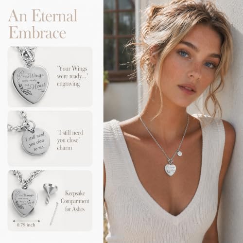 Heart Cremation Necklace for Human Ashes Stainless Steel Urn Locket Memorial Jewelry Keepsake Pendant Chain for Women Loved One Remembrance Ash Holder Accessory