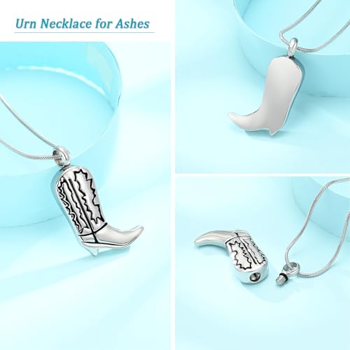 Hearbeingt Cowboy Boots Urn Necklaces for Ashes Cremation Jewelry Cowboy-Silver