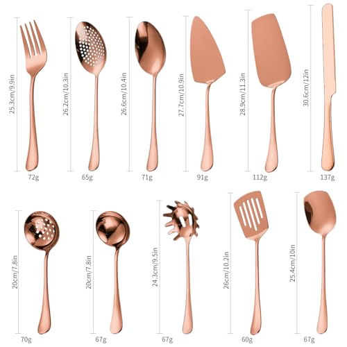 Copper Serving Utensils Set - Rose Gold Stainless Steel Flatware Set 11- Pieces Cake Knife Serving Fork Spoon Skimmer Pasta Ladle Spatula Perfect for Home Kitchen and Special Occasions 11 Pieces-Rose Gold/Copper