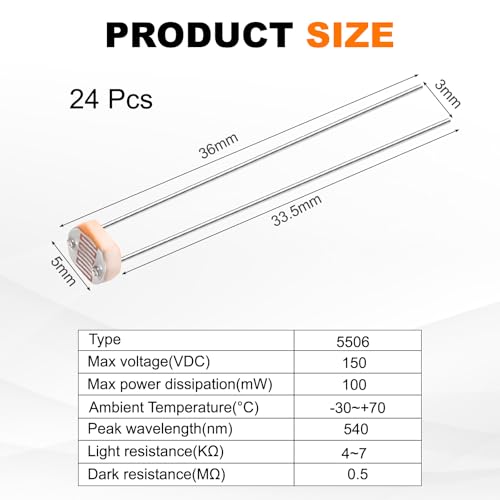 sourcing map 24 Pieces Photoresistor Kit 5mm Light Dependent Resistor (LDR) Light Sensitive Resistor Passive Components for DIY Industrial Experiments, GL5506 4~7KΩ