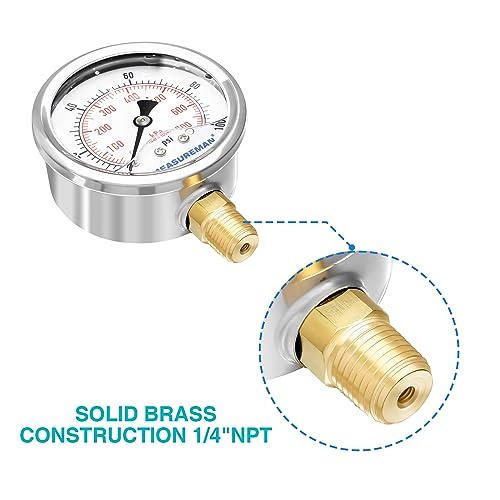 MEASUREMAN 0-100 psi/kPa liquid-filled pressure gauge with brass 1/4 NPT adapter and stainless steel probe sheath