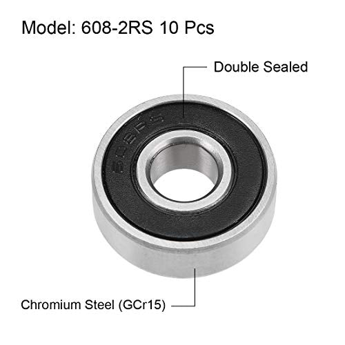 sourcing map 608-2RS Deep Groove Ball Bearings 8mm x 22mm x 7mm Double Sealed Chrome Steel Z2 10pcs 8x22x7mm
