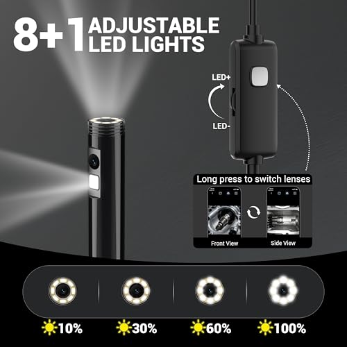 POLEET dual-lens endoscope camera with light, 1920P HD borescope inspection camera