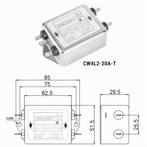 EMI Power Filter, 115V/250V 20A 50/60Hz CW4L2-20A-T Power EMI Filter Mains Filter, Interference Filter for Most Digital Devices, Dual Mode Suppression