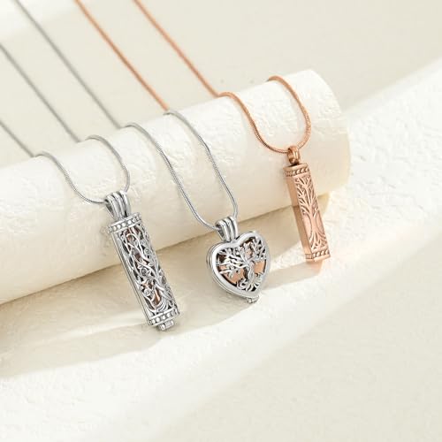 3 Pack Cremation Urn Necklace for Ashes for Women Men Stainless Steel Heart Cylinder Cube Memorial Keepsake Pendant for Holder Loved One Ash Rose-3pc