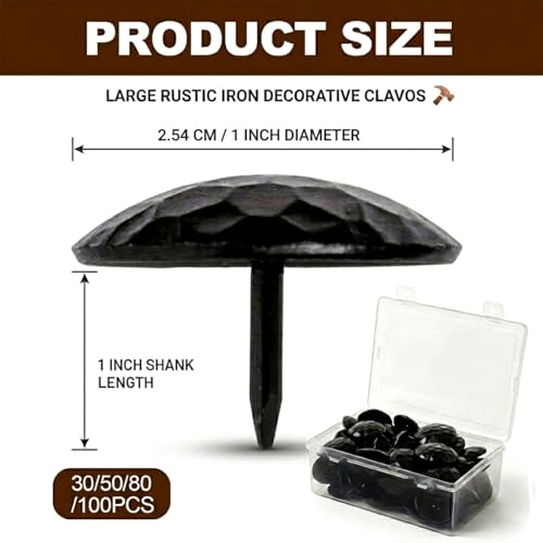 Maukeep 1-inch black iron clavos decorative nails for wood doors, furniture, gates, shutters and faux beams