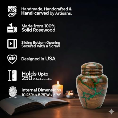 Rosewood Resin Urn for Human Ashes – Handcrafted 15 cu in Wooden Memorial Box – Green Epoxy Resin Inlay – Premium Decorative Cremation Keepsake Urn for Adults or Pets X-Small 15 Cu\In