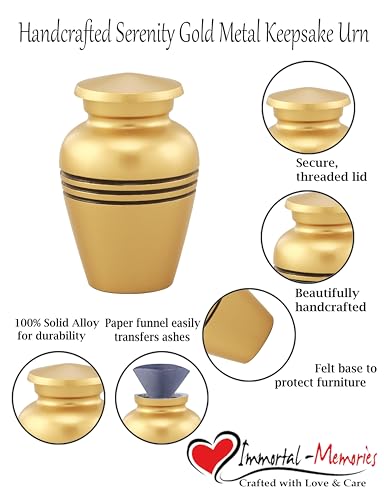 Serenity Keepsake Urn for Human & Pet Ashes – Mini Cremation Urn with Velvet Bag & Funnel – Elegant Metal Memorial Urn with Accent Bands – Small Tribute Urn (Gold) Gold-1