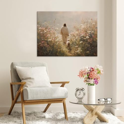 Jesus Leaves the 99 Sheep Wall Art The Lost Sheep Bible Stories Painting picture Wall Decor religion Christian Wildflowers Poster Print Artwork for Church LDS bedroom Living Home Decor 8x10 in Canvas Jesus05 8"L x 10"W