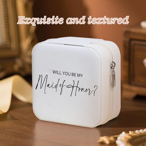 6 Pack Bridesmaid Jewelry Box with Ribbon, Maid Matron of Honor Small Travel Jewelry Case for Women, Bridesmaid Proposal Gifts, Wedding White